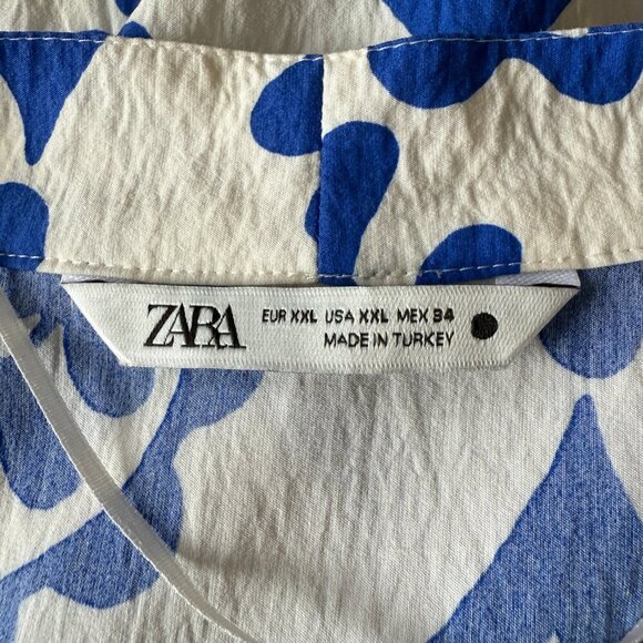 Women's Plus XXL Zara White & Blue Abstract Vine Printed Tiered Mini Dress - Picture 6 of 8